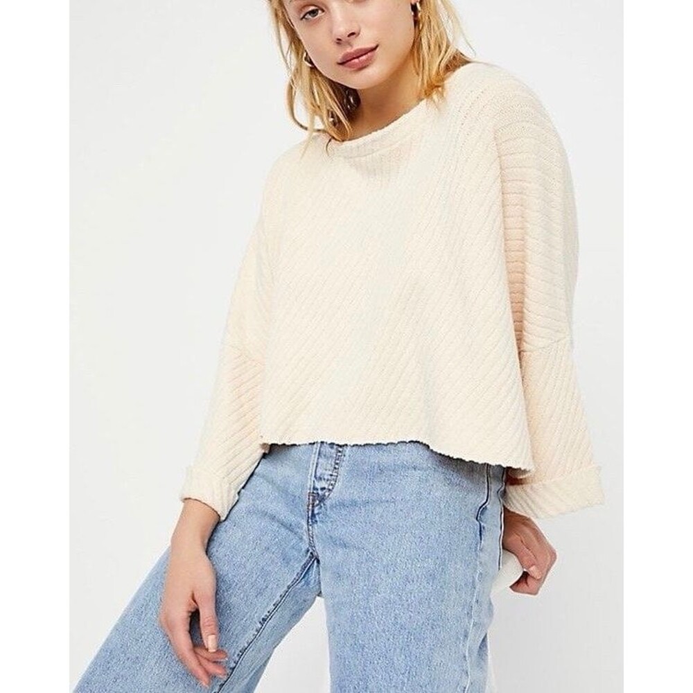 Free People Can’t Wait Sweater Cream Sz XS Oversized Cropped Beach Coastal NWOT